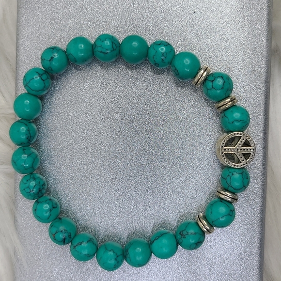 unbranded Jewelry - Stretch Bracelet PEACE Silver Tone Turquoise Green Beads Unisex Gift Jewelry Fun